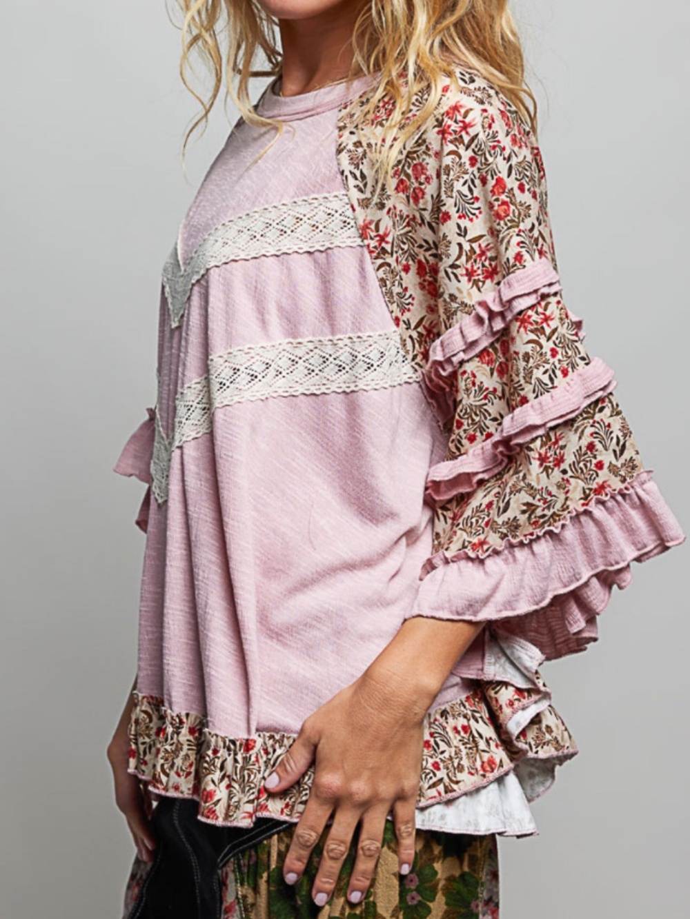 POL mauve Floral Print Ruffle Detail Loose Fit Top - Picture 5 of 5